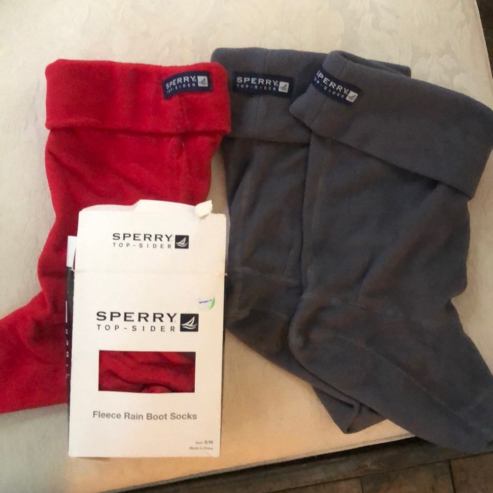 SPERRY fleece rain boot socks, red and gray